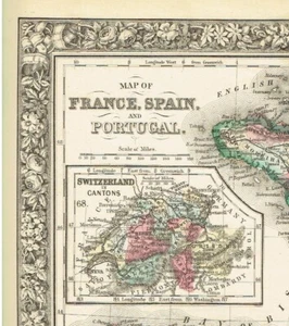1860 Mitchell's Antique Map of France Spain Portugal Corsica Switzerland Cantons - Picture 1 of 5