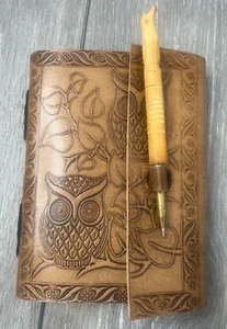 Owl Custom Made Leather Journal with Wood-Carved Bird Pen, Brown - Picture 1 of 24