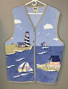 VINTAGE Grandma Sweater Womens Small Blue Fleece Vest Northern Reflections Boats - Picture 1 of 5