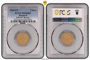 DENMARK BRONZE 2 ORE UNC COIN 1965 YEAR KM#847 PCGS GRADING MS66 TOP POP 🥇 - Picture 1 of 3