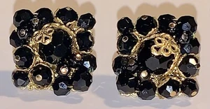Vendome Black Bead Cluster Gold Tone Filigree Earrings Clip On Vintage - Picture 1 of 23