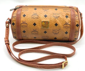 Authentic MCM Visetos PVC Leather Brown Cylinderical Crossbody Bag 1-0215849 - Picture 1 of 22
