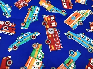Emergency Rescue Vehicles POLICE FIRE MEDICAL Blue cotton fabric 24" wide by 39" - Picture 1 of 9