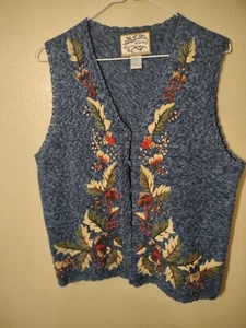 Heirloom Collectibles Knit Vest Fall Autumn Womens Vintage 1997 Blue Button up - Picture 1 of 2