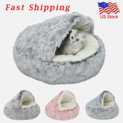 Cama para gatos cueva redonda de felpa mullida con capucha cama para gatos donut autocalentamiento mascota perro cama Foto 1 de 4