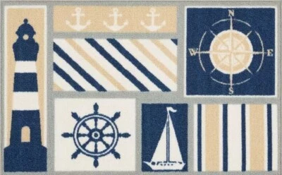 NOURISON PRINTED NYLON RUG(nonskid)(17"x28")NAUTICAL THEME PATCHWORK,LIGHTHOUSE & BOAT,NR