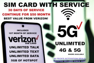 $50 VERIZON ESIM ✅ MONTH INCLUDED UNLIMITED T/T + DATA 5G/4G ✅ ESIM !! NO SHIP✅ - Picture 1 of 6