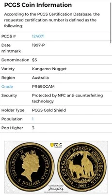 1997 $5 Australia 1/20 Gold Proof Kangaroo / Nugget Coin PR69 POP 1 • 853 Minted - Image 1 of 3