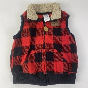 Carter’s Fleece Vest Boys 9 Mo Red Black Buffalo Plaid Full Zip Pockets Sherpa - Picture 1 of 9