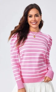 Women's striped puff long sleeve crewneck ribbed knit pullover sweater Pink  S - Picture 1 of 8
