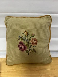 Vintage Needlepoint Floral Rose Flowers 11”x11” Throw Pillow Decor Core Cottage - Picture 1 of 8