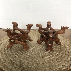 Wooden Display Stand Plate Bowl Sculpture Hand Carved Interlocking Brown Pair - Picture 1 of 5