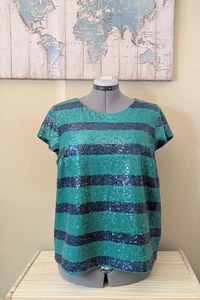 I Heart Ronson grün und blau gestreiftes Pailletten Top, XL, neu mit Etikett - Bild 1 von 9