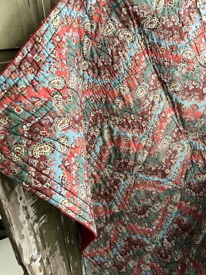 Antigua GRAN COLCHA INDIENNES FRANCESA piqué de Marsella ROJO AZUL c1850 Foto 1 de 4