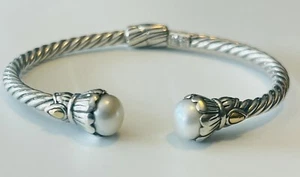 SAMUEL B BENHAM 18K & STERLING SILVER PEARL CABLE CUFF BRACELET 6.5 " INSIDE - Picture 1 of 4