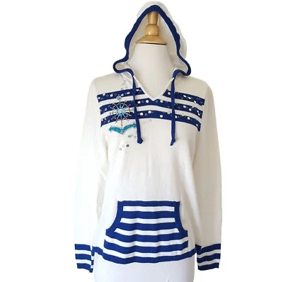 NEW Nautical Striped CJ BANKS Cruise/Sail Sweater wHood SequinAnchorBling 1X NWT - Image 1 of 4