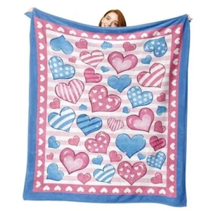 Valentines Day Flannel Blanket, Pink Blue Love Heart Throw Blanket Gifts for - Picture 1 of 7