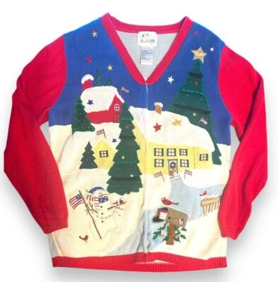 Quacker Factory L Christmas Sweater Cardigan USA Patriotic Holiday Festive Peace - Image 1 of 4