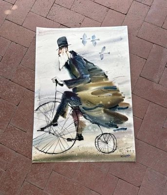 ALEXANDER KLEVAN Original Acuarela Pintura Israel Arte Judío Hombre Bicicleta Bicicleta Foto 1 de 4
