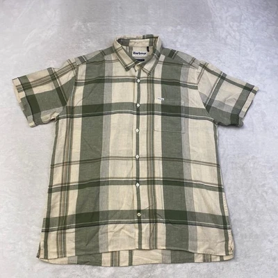 Barbour Mens Plaid Green Beige Linen Blend Short Sleeve Casual Button Down Shirt - Image 1 of 4