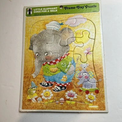 Rompecabezas de colección Little Elephant go a walk dorado con marco bandeja 1979 animales Foto 1 de 4