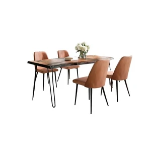 Five Piece Solid Acacia Dining Set with Upholstered Mid-Century Modern Chairs - Picture 1 of 10