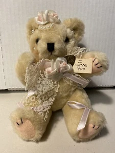 Vintage I Love You rosa Rosen und Schleifen Teddybär mit Gelenken 7 1/2 Zoll - Bild 1 von 6