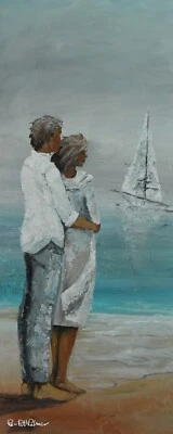 Pintura al óleo PAREJA POR EL MAR pintada a mano sobre lienzo 12X8" medios mixtos PAISAJE MARINO Foto 1 de 4