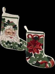 Vintage Santa & Poinsettia Handmade Needlepoint Cross Stitch Christmas Stockings - Picture 1 of 12