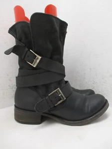 Steve Madden BREWZZER Boots Black Leather Buckle Strap Moto Biker Women Sz 8.5 M - Picture 1 of 10
