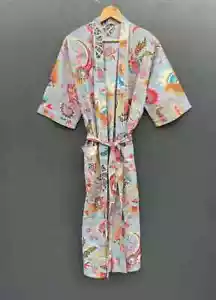 Indian Cotton Floral Kimono Handmade Kimono Gray Bath Robes Night Maxi Gown Robe - Picture 1 of 4