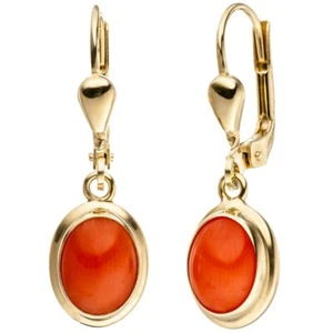 Earrings Brisur With Coral Orange Oval 333 Yellow Gold Earrings - Picture 1 of 1