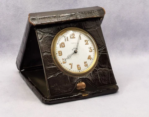 rare Vintage Asprey 8-day travel / clock in Black Alligator Cover