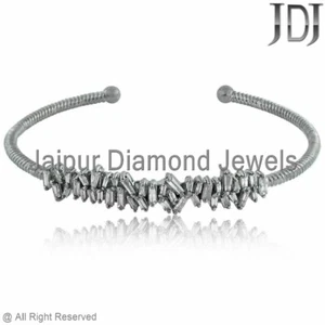 Natural Baguette Diamond 925 Sterling Silver Open Cuff Bangle Stackable Jewelry - Picture 1 of 6
