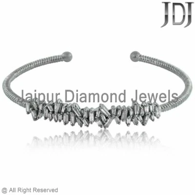 Natural Baguette Diamond 925 Sterling Silver Open Cuff Bangle Stackable Jewelry - Image 1 of 4