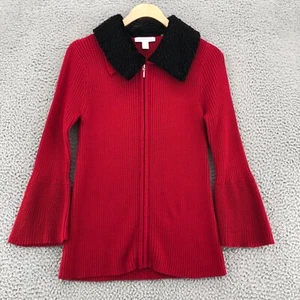Coldwater Creek Sweater Womens Extra Small Red Zip Faux Fur Collar Bell Sleeves - Picture 1 of 11