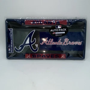 MLB Atlanta Braves Team Metal License Plate Frame with Multi Use Set Decals NEW - Picture 1 of 3