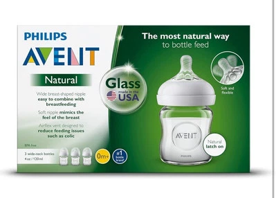 Biberón de vidrio natural Philips AVENT SCF701/37, 4 OZ., paquete de 3, transparente Foto 1 de 4