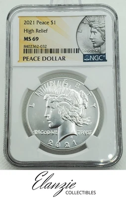 Dólar de plata Peace 2021 alto relieve NGC MS69 Foto 1 de 4