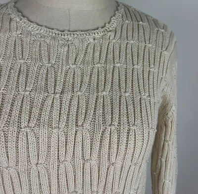Suéter Vintage Años 90 Mujer Pequeño Marfil Tejido con Cable Perla Cuentas Romántico Boho  Foto 1 de 4