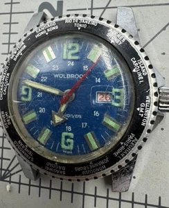 Vintage Wolbrook Handaufzug Skin Diver Armbanduhr Weltzeit Frankreich blau AS IS 39mm - Bild 1 von 8