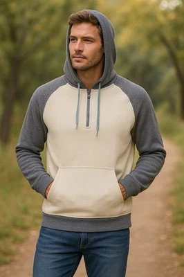 Carbon 2 钴男式 M 双色套衫连帽衫运动衫奶油色灰色 1/2 拉链  — 第 1/4 张图片