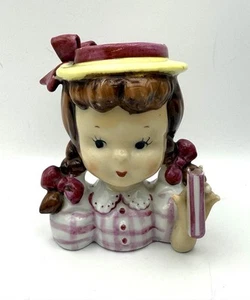 VTG Napco Head Vase Planter Pigtailed Pink Plaid Umbrella Girl Japan NO UMBRELLA - Picture 1 of 7