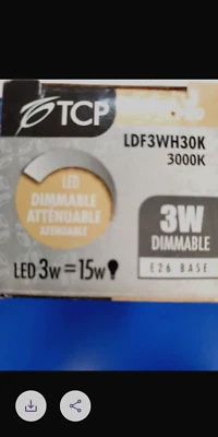 LDF3WH30K TCP (2 LED 3W FLAME TIP BULBS) DIMMABLE E26 3W=15W DECORATIVE - Image 1 of 4