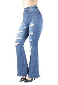 Women's Juniors Bell Bottom Ripped Distressed High Waist Flared Stretch Jeans - Picture 1 of 8