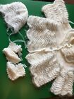 Hand Knitted jackett, hat & shoes. White & grey glitter. 0-6 months. 4 piece