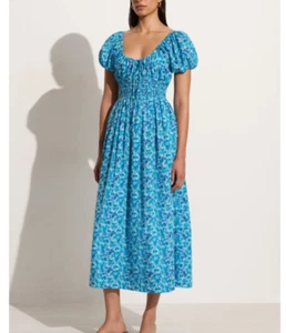 Faithfull The Brand Vineria Floral Midi Dress 12 Blue Cotton Short Puff Sleeve L - Picture 1 of 12