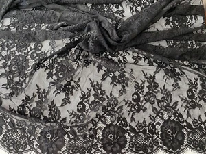 3 Meters X black floral embroidered lace fabric with eyelash lace trim - Picture 1 of 7