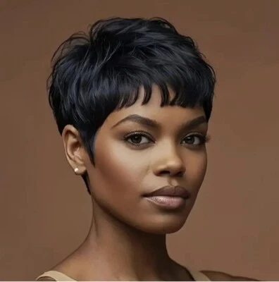 Black Short Pixie Cut Wave Wigs Black Short Human Hair Wig for Women Daily  - Image 1 of 4