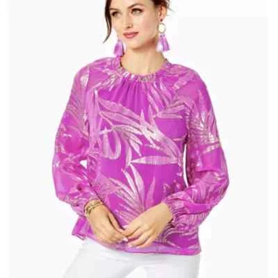 Lilly Pulitzer  Pink Caline Silk Metallic Palm Leaf Print Top Blouse Size L - Изображение 1 из 4